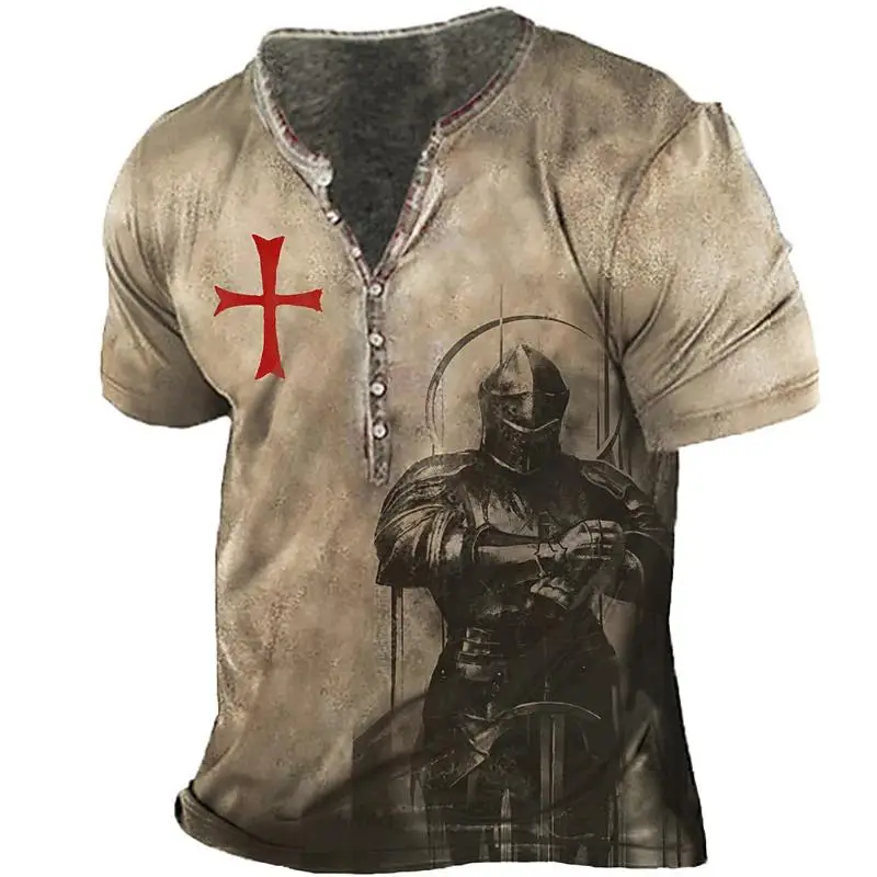 

Vintage Print Shirts Mens Cotton Tee 3D Knight Graphic T-Shirt Summer Short Sleeve T-Shirts 5XL Oversized Clothes Button-Up Tops