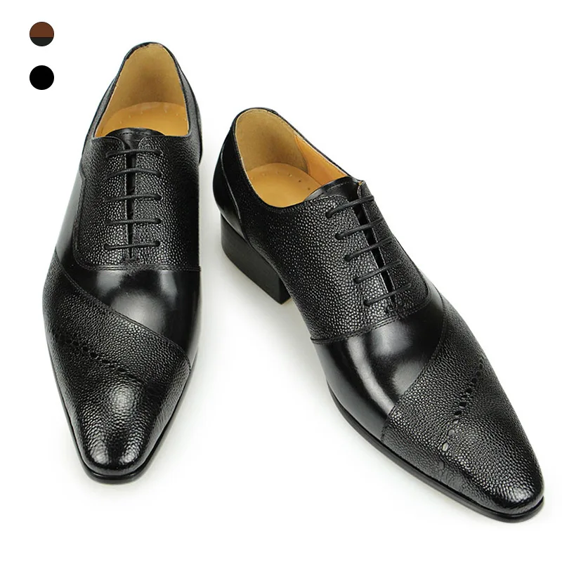 Luxury fashion mens leather oxford dress shoes pointed toe lace up style Cap Toe brown Workplace business zapato escolar hombre