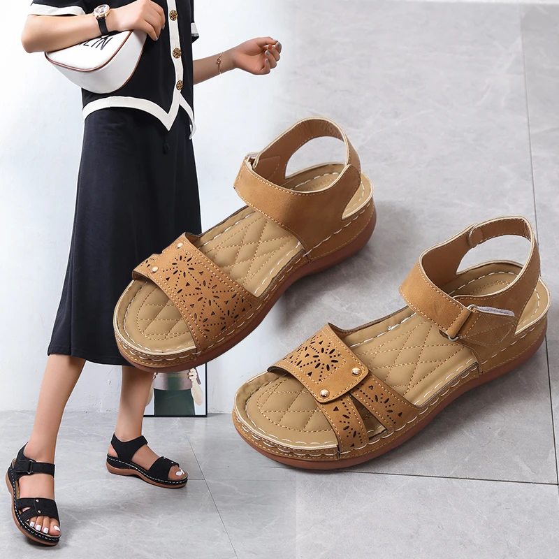 Summer Women's Sandals Wedge Hook&loop Ladies Flats Shoes Sewing Platform Female Open Toe Casual Sandals Plus Size Woman Shoes