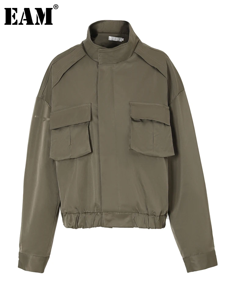 

[EAM] свободная Зеленая куртка большого размера с карманом, Новое Женское пальто с воротником-стойкой и длинным рукавом, модная весенне-осенн...