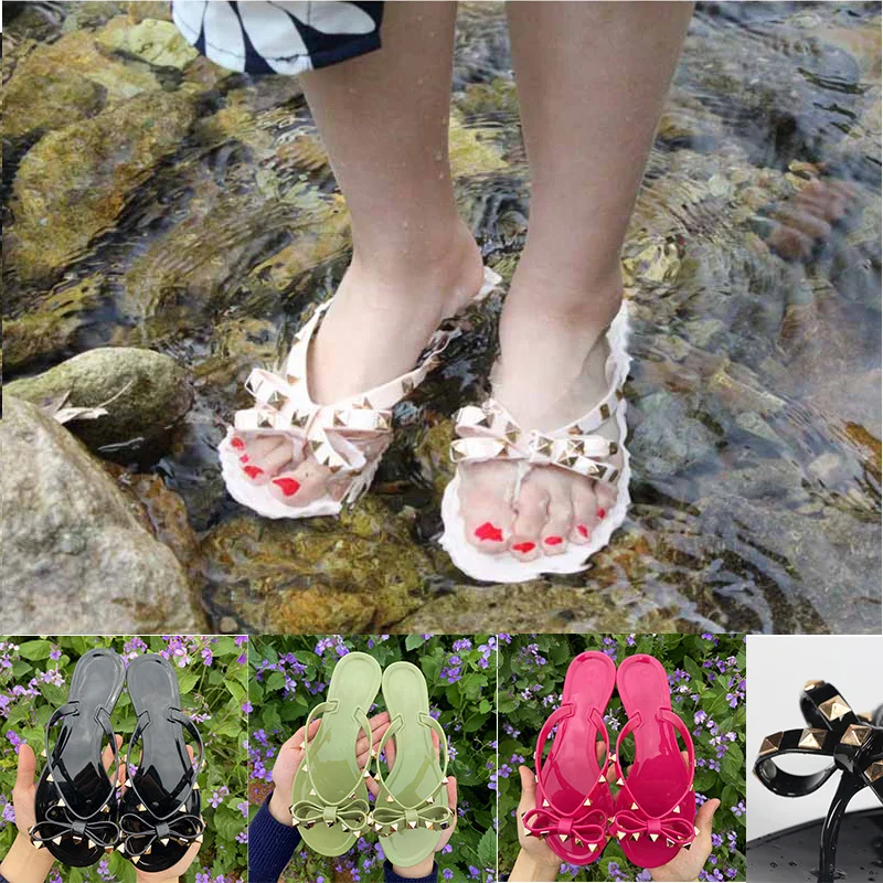 

2022 Fashion Summer Women Flip Flops Rivet Big Bow Women Flat Slippers Casual Solid Color Female Jelly Shoes EU Size 36-42