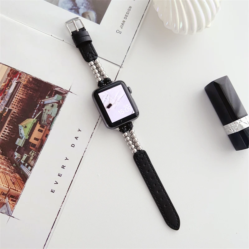 Ремешок кожаный металлический для Apple Watch серии 87654SE, Модный женский браслет для iwatch Ultra 8 49, 45 мм 41 мм 40 мм 44 мм, аксессуары для часов