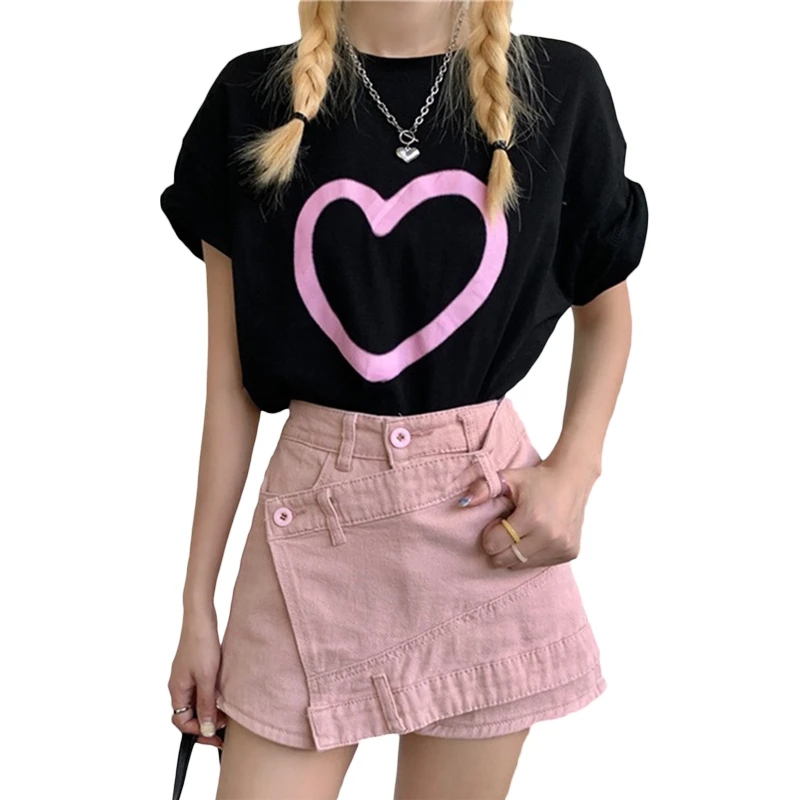 Women High Waist Cross Wrap Pink Jean Shorts Asymmetric Wide Leg Denim Skirts