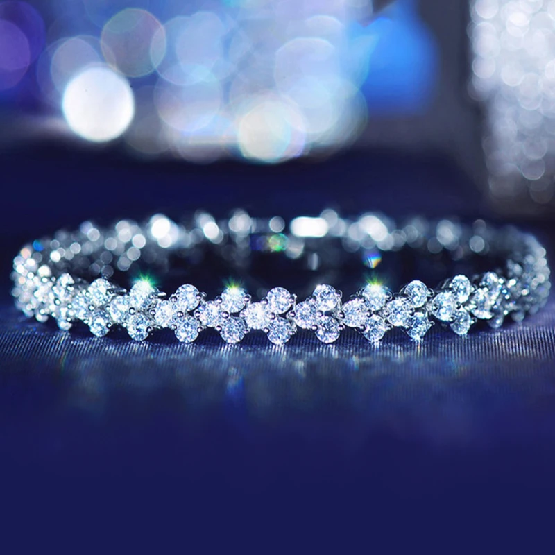 

Women Luxury Zircon Bracelets Silver Rose Gold Link Chain Korean Crystal Shiny Bracelet Bridal Wedding Fine Jewelry Party Gifts