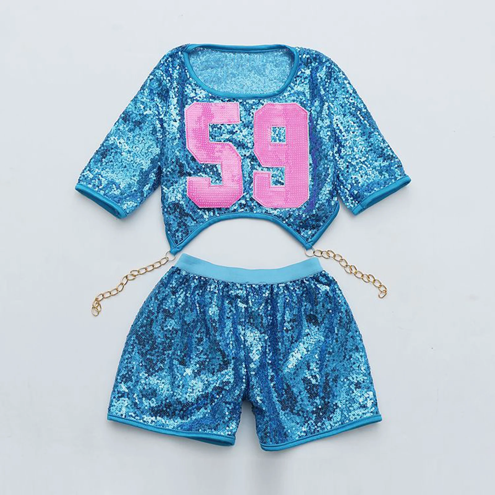 Hip Hop Girls Clothing Jazz Dance Costumes Kids Shiny Sequins Street Wear Short Sleeve Crop Top With Shorts Set Sportswear