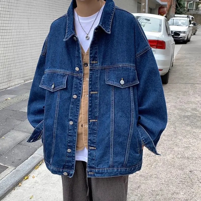 American vintage Denim coat Men's Autumn and Winter High Street Pu Shuai Lapel Cargo Jacket Fashion Brand Loose Couple Top