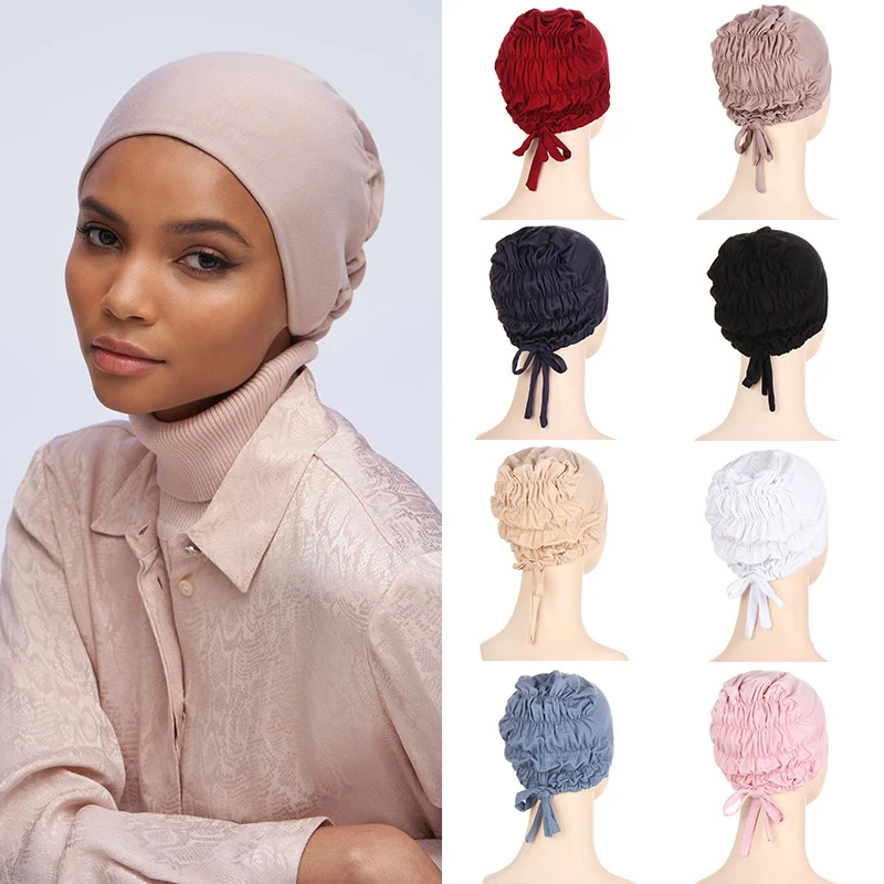 

2022 Women Muslim Hat Elastic Tie Back Jersey Hijab Underscarf Caps Soft Head Wrap Turban Bonnet Islamic Headscarf Solid Color
