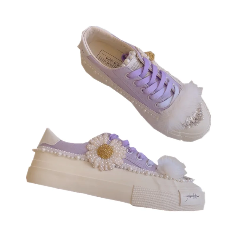 

Женские холщовые кроссовки на платформе, фиолетовые повседневные кроссовки на толстой подошве, с жемчужинами и цветами, милые дамские кеды ...