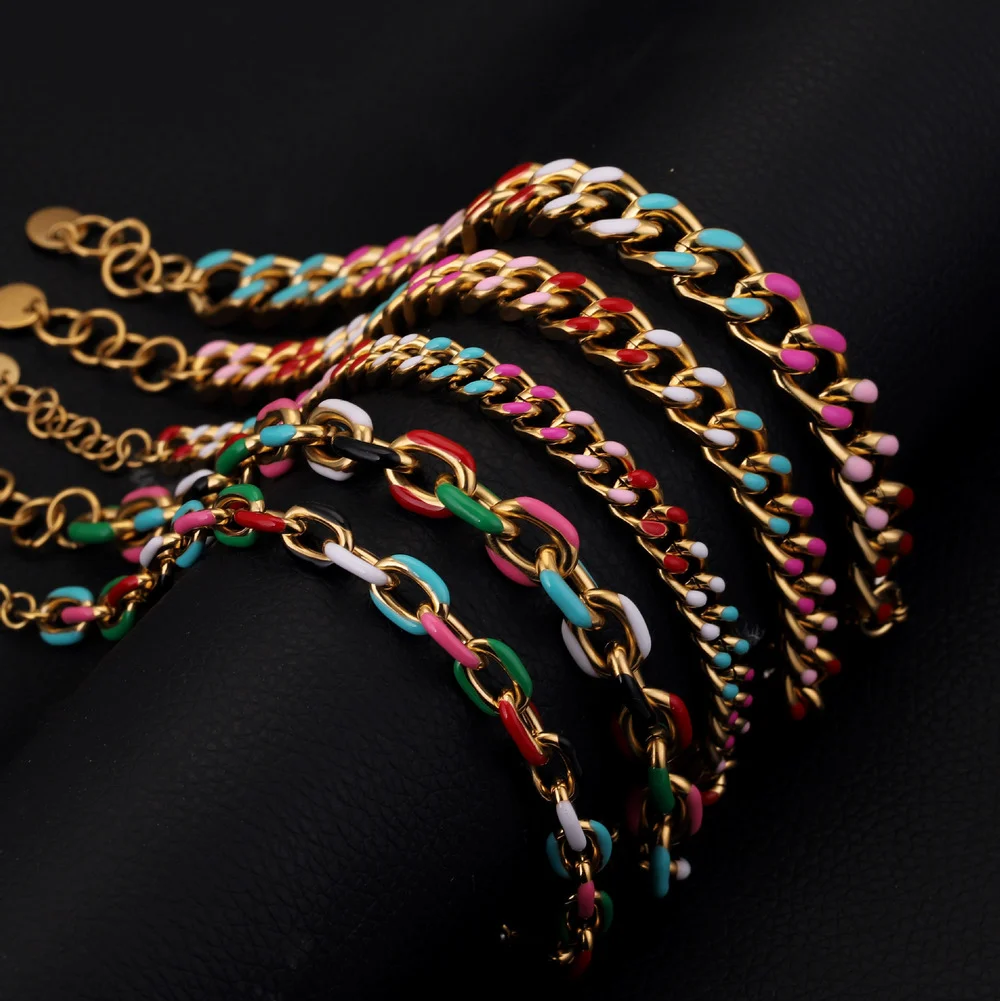 Multicolor Enamel Necklace Cuban Chain Bracelet for Men Women, Basic Punk Stainless Steel Curb Link Chain Chokers Morocco choker