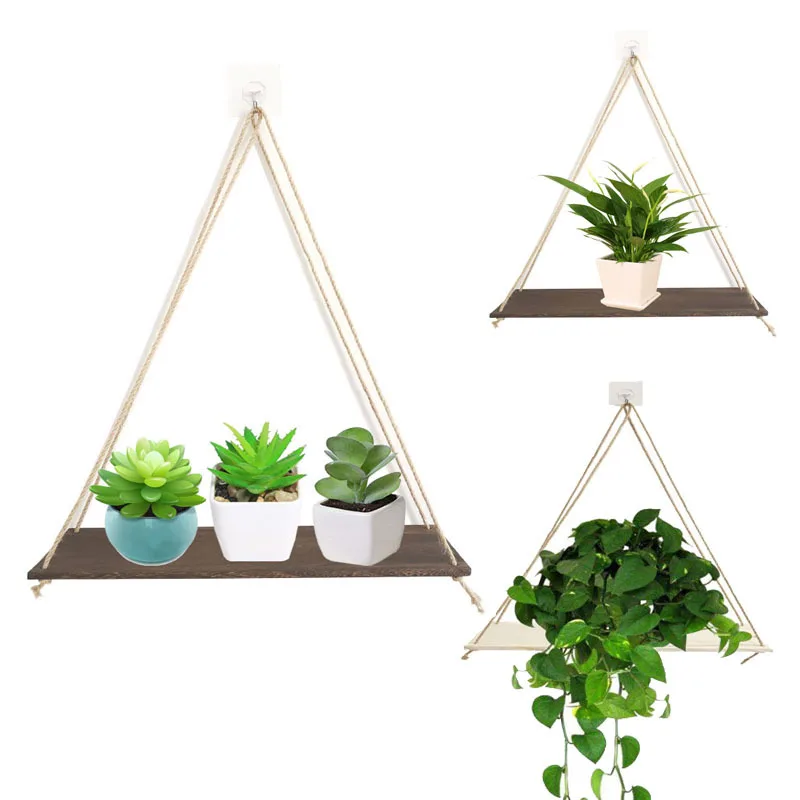 

Wooden Rope Swing Wall Hanging Plant Flower Pot Tray Mounted Floating Wall Shelves Nordic Home Decoration Moredn Simple Design