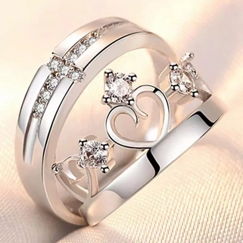 

Romantic Crown Cross Zircon Open Ring for Women Couple Silver Color Copper Flower Heart Bowknot Geometric Wedding Jewelry Gift