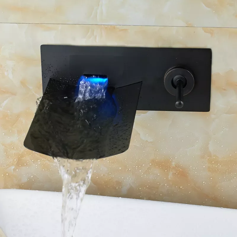 

Wall Mounted Single Handle Bathroom Sink Mixer Taps Waterfall LED Color Changing Dual Hole Basin Faucet