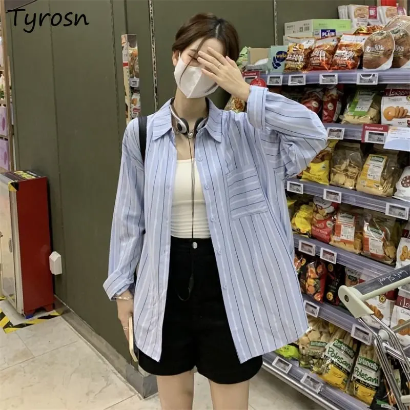 

Shirts Women Simple Striped Leisure Autumn All-match Sun-proof Tender Loose Design Turn-down Collar Fashion Korean Style Elegant