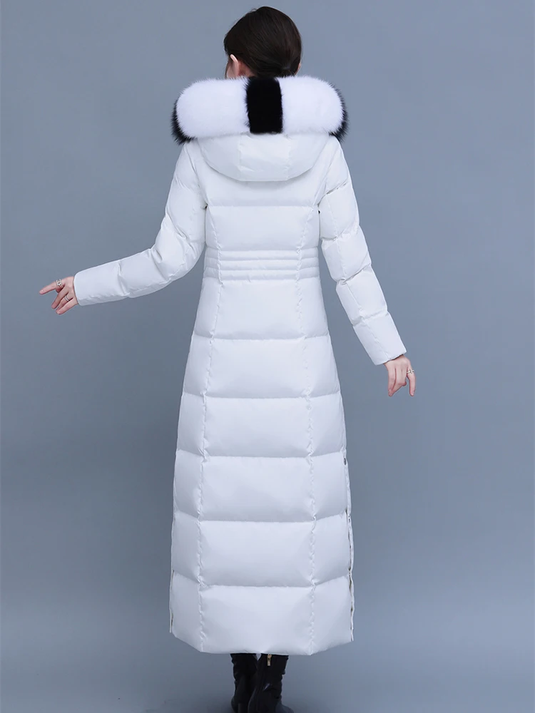 New Women Long Down Coat Winter Fashion Hooded Two-colour Real Fox Fur Collar Thicken Warm Lengthened Down Jacket Slim Overcoat