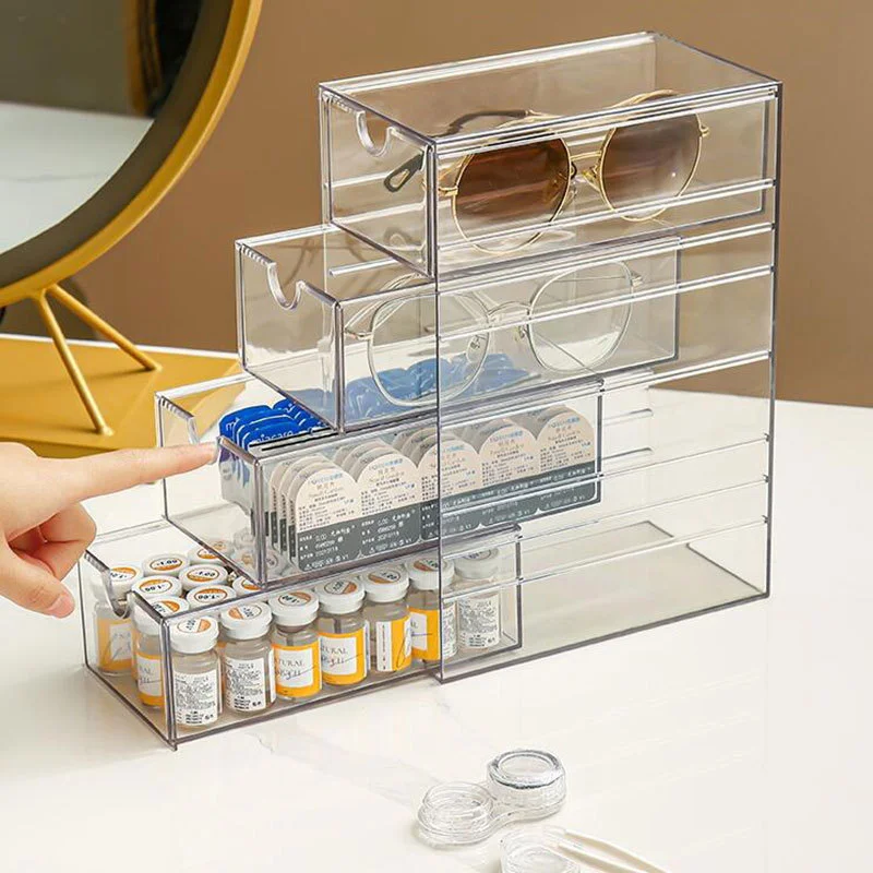 

4-уровневый прозрачный пластиковый ящик для хранения, пыленепроницаемый Настольный стеллаж для хранения канцелярских принадлежностей, очков, косметики, Прямая поставка