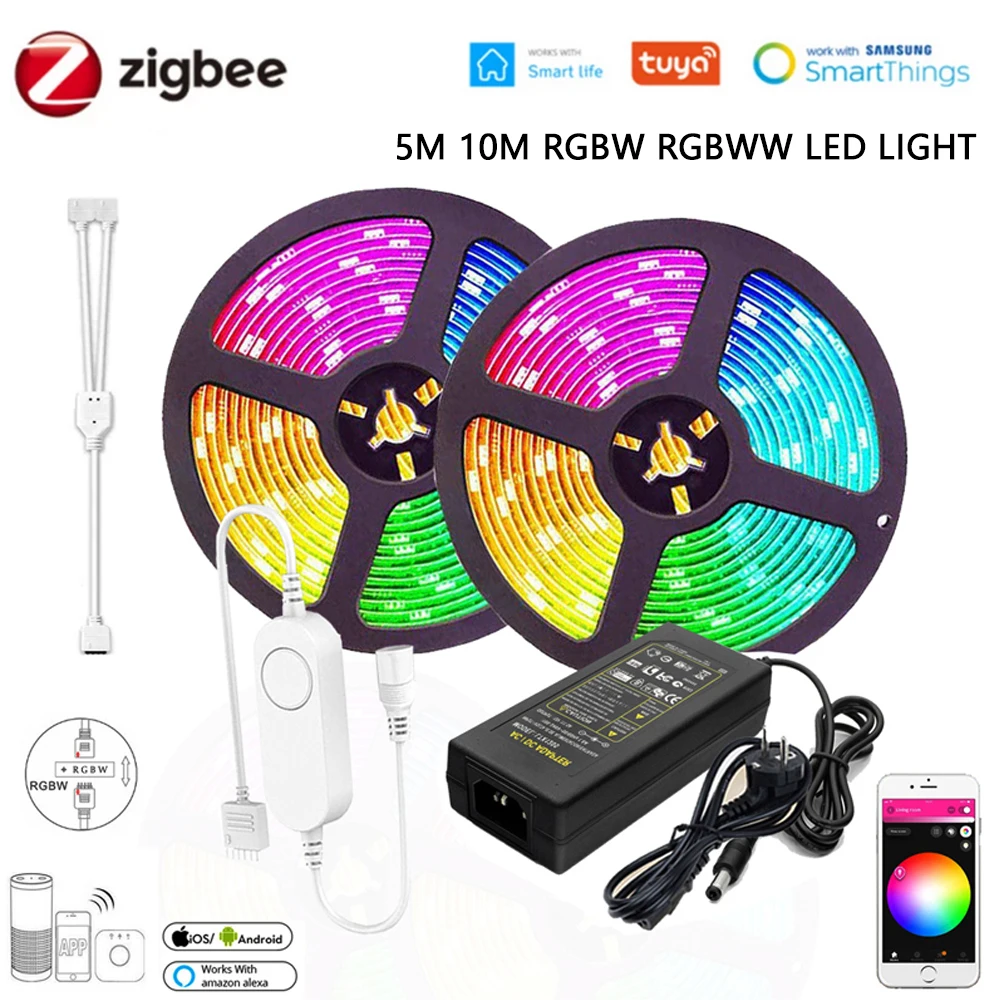 Zigbee 3.0 Smart Led Controller Dc12V 5M 10M 5050 Rgbw Rgbww Led Strip Light Led Striscia Flessibile Tuya App Per Smartthings Alexa