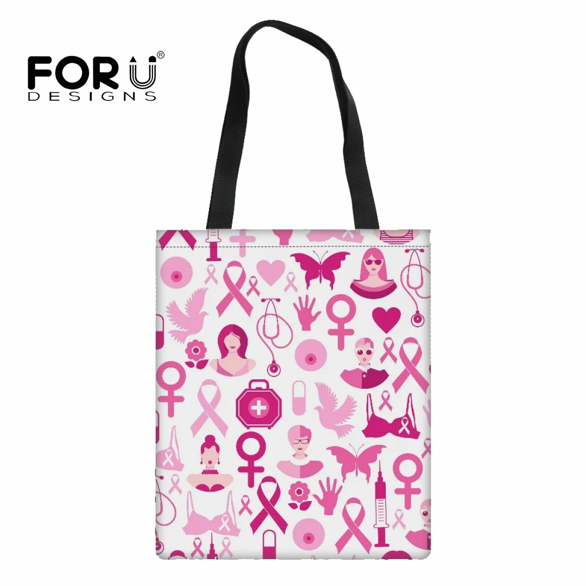

FORUDESIGNS Pink Ribbon Support Breast Cancer Shoulder Canvas Bags Casual Large Capacity Reusable Tote Vintage Women Canvas Bag