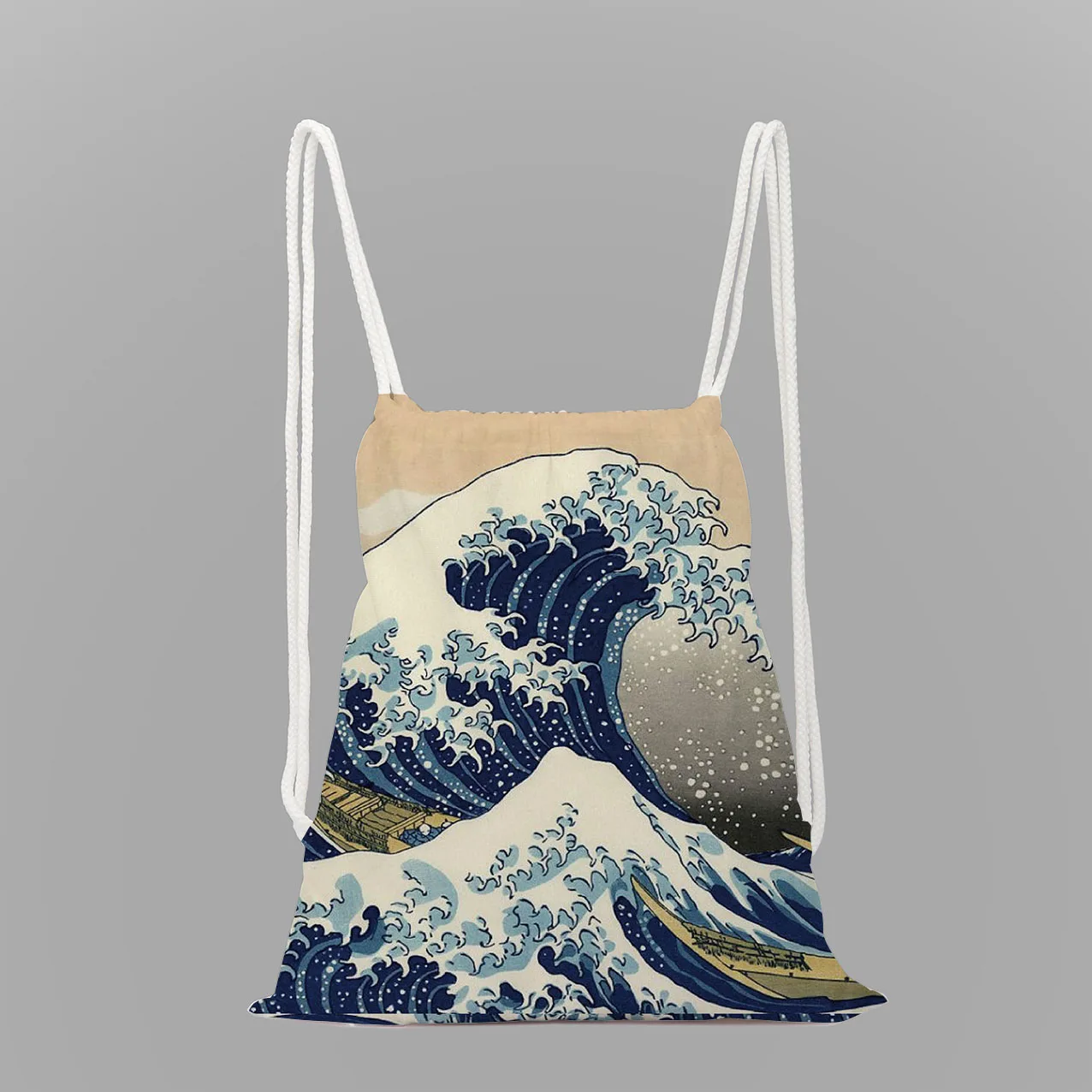 Kanagawa surf print school backpack girls drawstring bag rope bag ladies travel backpack