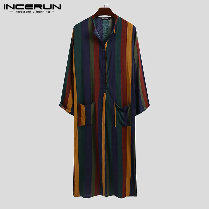 Pockets Dubai Arabic Clothing INCERUN Men Ethnic Robes Vintage Striped Long Sleeve Muslim Kaftan Robes O Neck Button Jubba Thobe