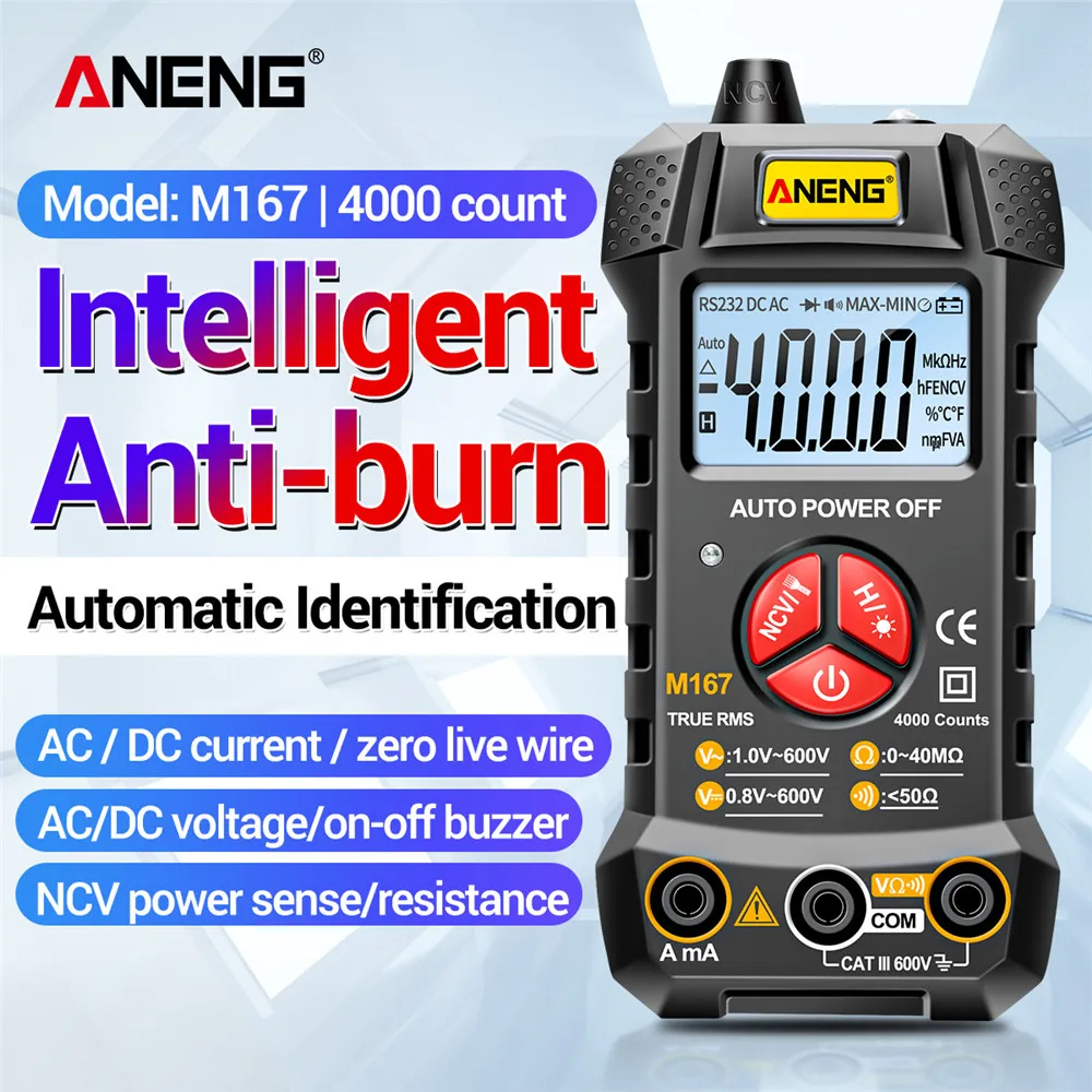 

ANENG M167 Digital Mini Multimeter Tester Auto Multimetro True Rms Tranistor Meter with NCV Data Hold 4000counts Flashlight
