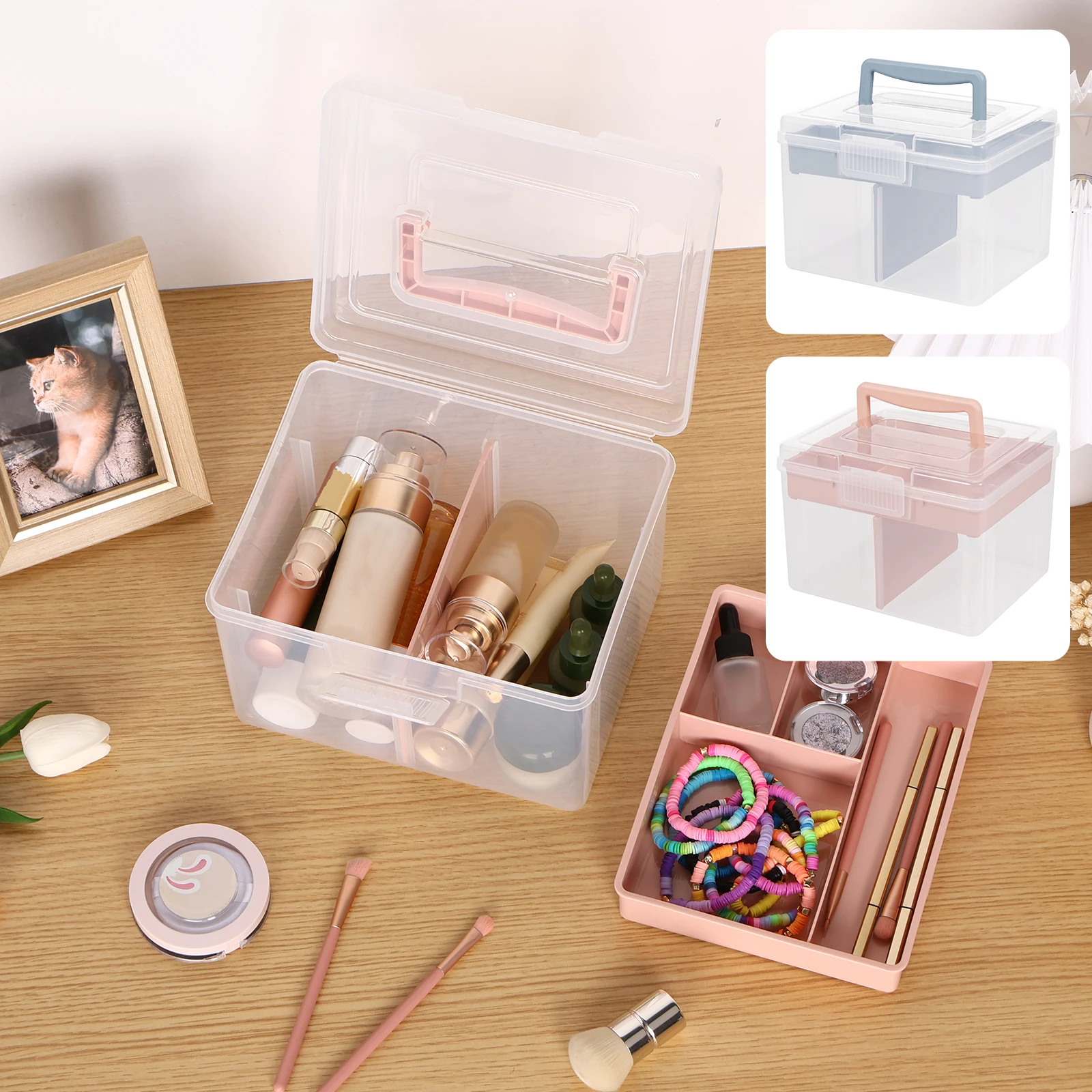 

New Clear Plastic Storage Box Stackable Storage Bin with Storage Tray 4-Compartment Storage Container with Handle Snap Craft