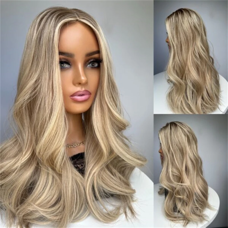 Фото Синтетический парик 13x4 Ombre Light Golden Blonde с невидимой HD-основой из кружева, мягкий длинный парик с волнистыми локонами, без клея, премиум-класса Futura №4