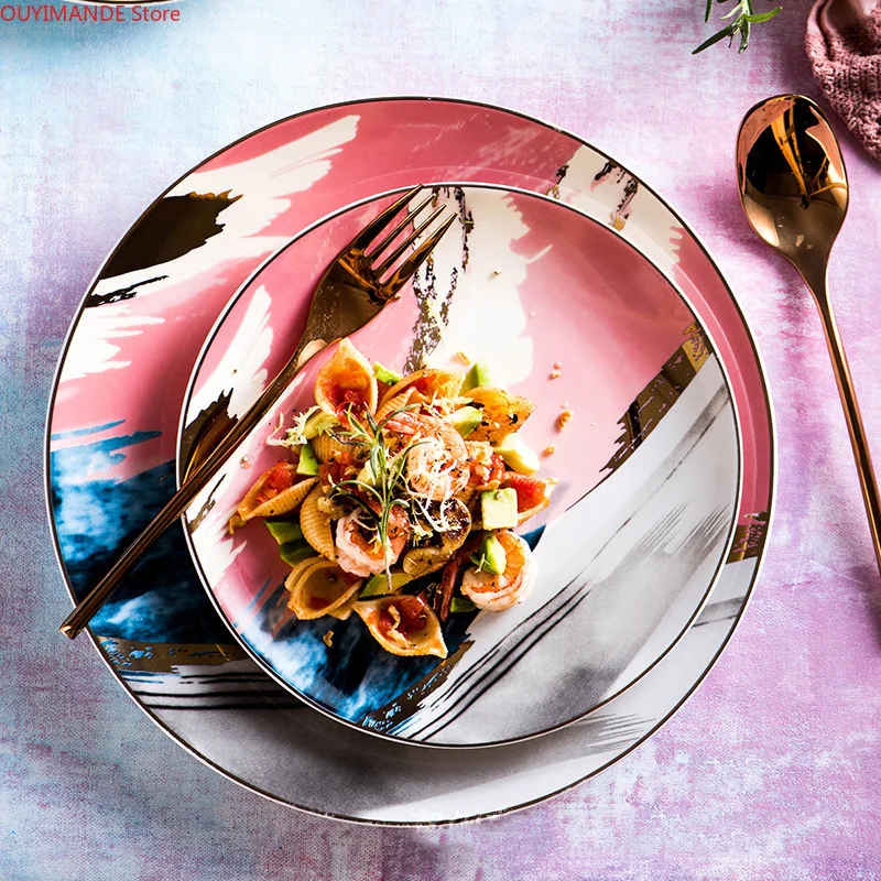

Watercolor Art Plate Tableware Dinnerware Nordic Ceramic Creative Plate Steak Western Plate Personalized Ins Style Bone China