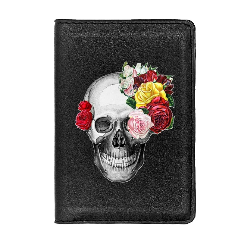 

New Fashion Smiling Rose Skull Passport Cover Leather Men Women Slim ID Card Holder Pocket Wallet Case Travel Accessories Gifts