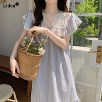 v neck lace simple solid color short sleeve fashion dresses summer loose waist pure refreshing wild straight womens clothing