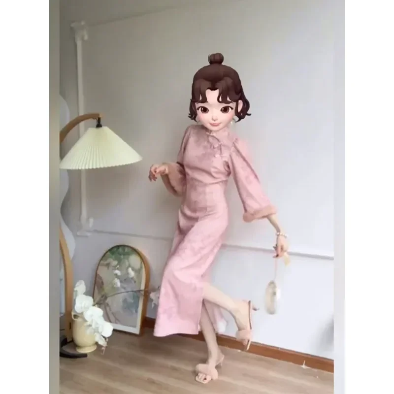 Осенне-зимнее теплое платье-Ципао в китайском стиле с принтом виде бамбука