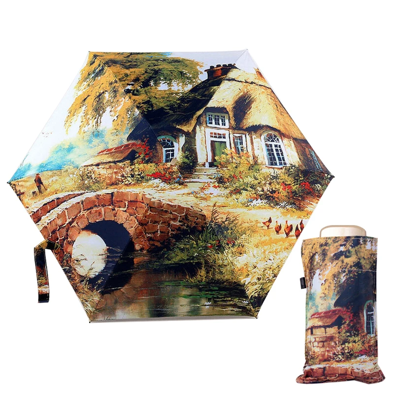

Mini Pocket Folding Umbrella Female Windproof Paraguas Van Gogh Oil Painting Umbrella Rain Women parasol parapluie Umbrellas