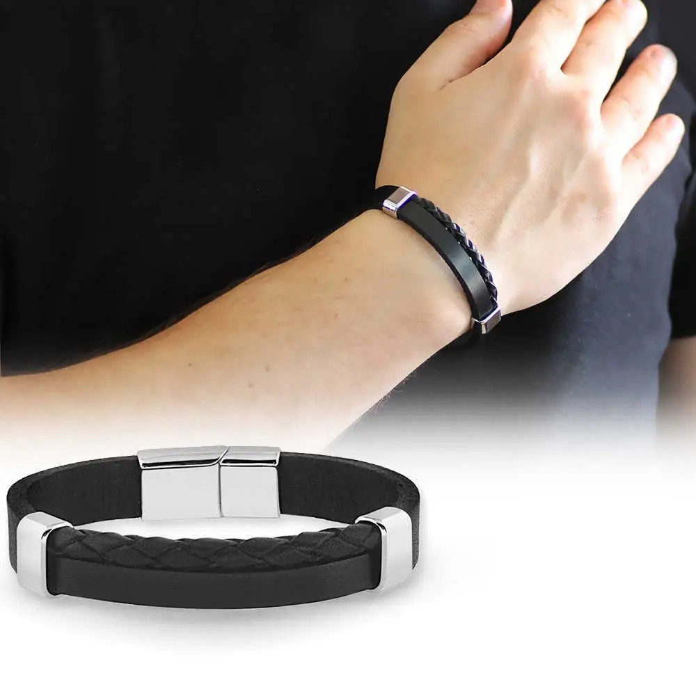 

Mesh Design Double Row Black Steel-leather Kombinli Male Bracelet