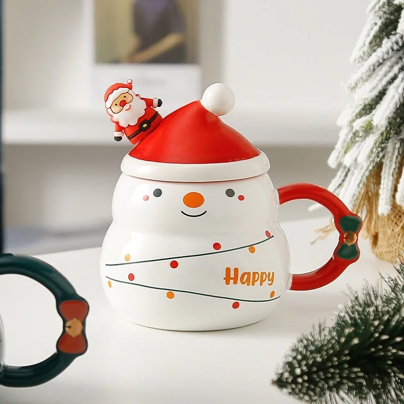 

Cute Christmas Ceramic Coffee Mug Kids Kawaii Snowman Santa Claus Milk Tea Cup with Lid and Spoon Gift Ideas for Adults Friends