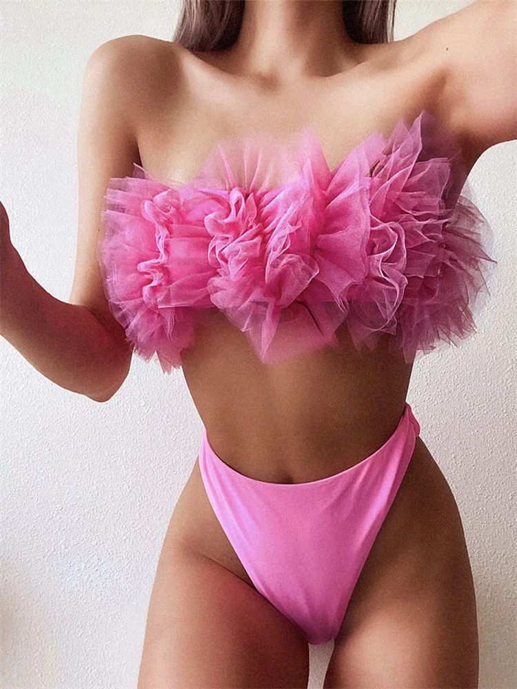 

Solid Off Shoulder Bikini 2022 Women Pink Push Up Flower Bandeau Swimwear Summer Bathing Suit Thong Swimsuit Maillot De Bain
