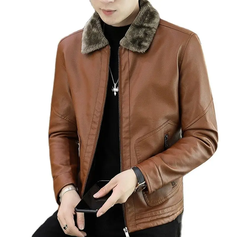 

Parklees, теплая флисовая куртка из искусственной кожи для мужчин, новинка зимы 2022, мотоциклетное пальто с отворотом, модные повседневные Барха...