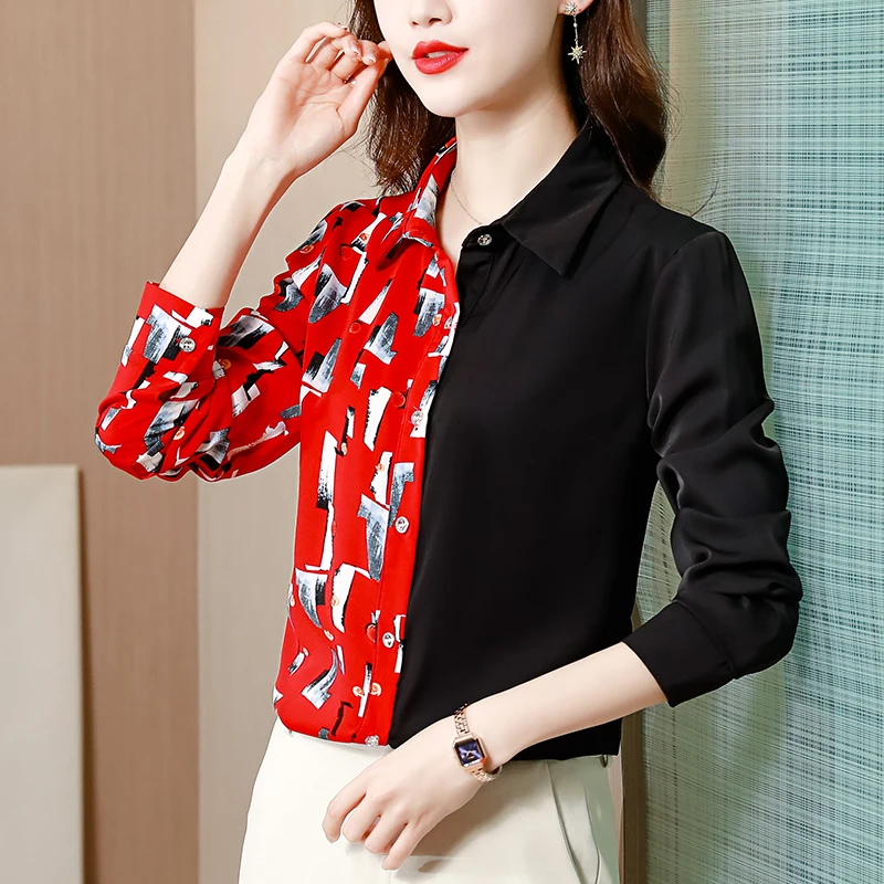

Poplin Women's Blouse Loose In Summer Patchwork Print Long Sleeve Top Casual Fashion Polo Shirt Movafag