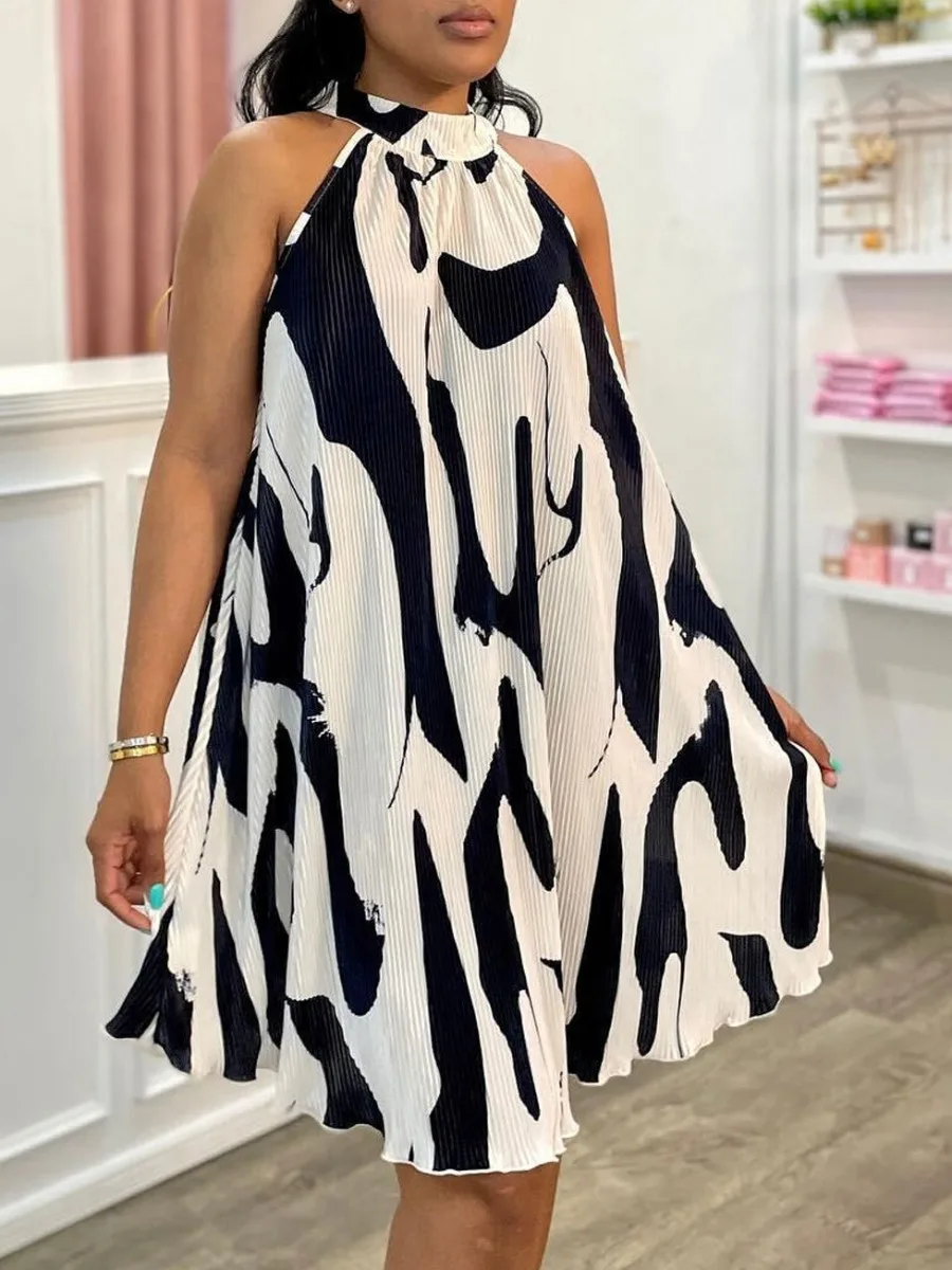 

LW Black And White A Line Dresses Halter Neck Print Patchwork Sleeveless Dress Lace Up Sexy Women's Summer Clothings
