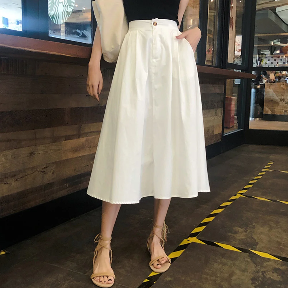 

White Skirt Women's 2022 Spring Summer New Style High-waist Mid-length A-line Umbrella Skirt Casual Loose Korean Ladies Bottoms