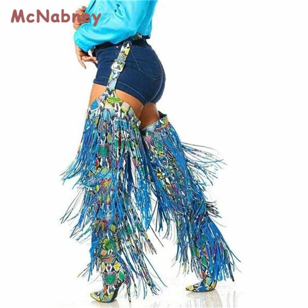 

Fashion Fringe Belted Chaps Over The Knee Boots Women Pointed Toe Thigh High Long Tassel Boots Snake Print High Heels Shoes