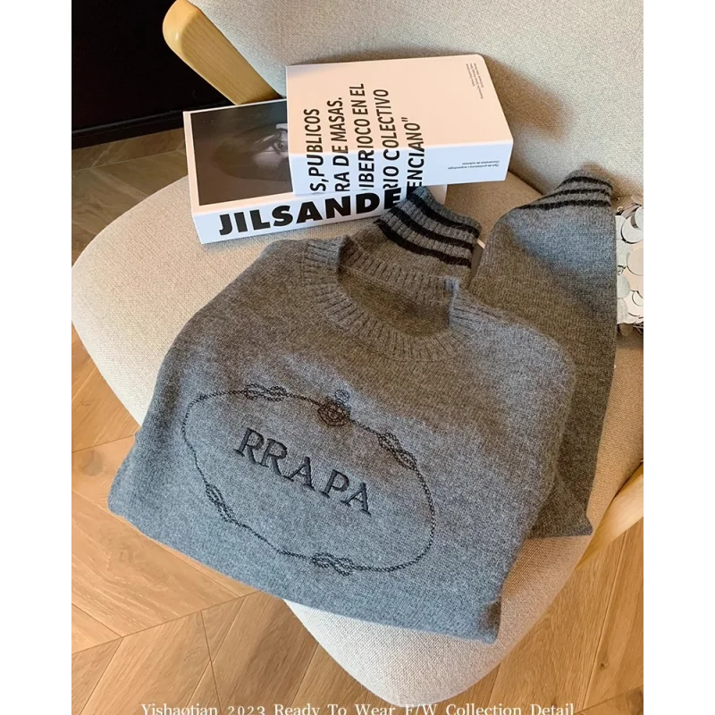 Серый пуловер женская одежда вязаный свитер кашемировые винтажные с вышивкой