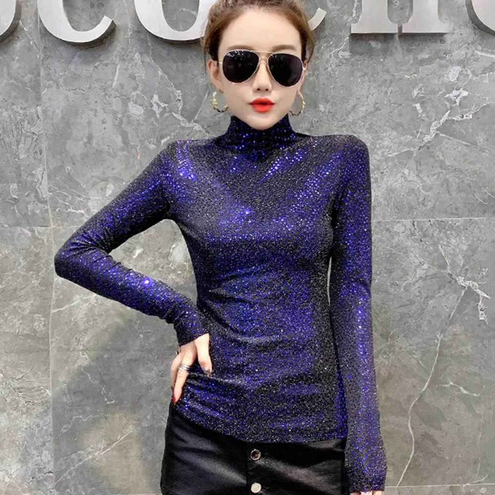 Яркая Золотая Футболка на весну и осень Корейская одежда пикантные блестящие