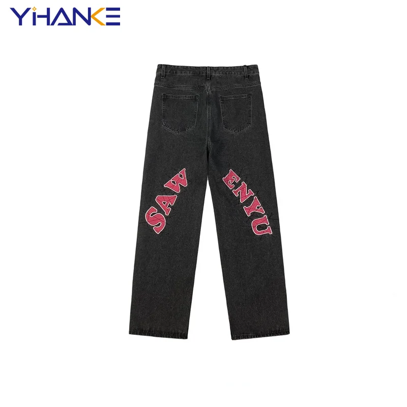 High Street Print Black Jeans Men's Y2K Straight-leg Pants Loose Wide-leg Jeans Hip-hop Style Men's Trousers джинсы для мужчин