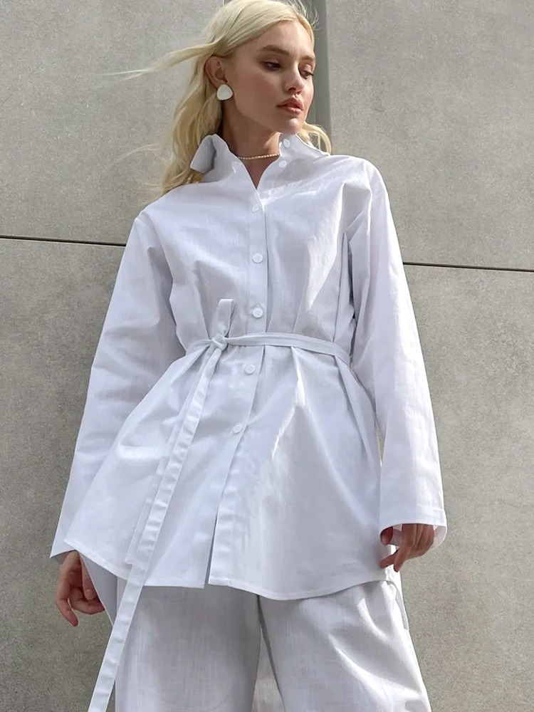 

Hiloc White Cotton Women's Suit Full Sleeve Pajama Sets For Women 2 Pieces Single-Breasted High Waist Loose Sleepwear Withe Belt