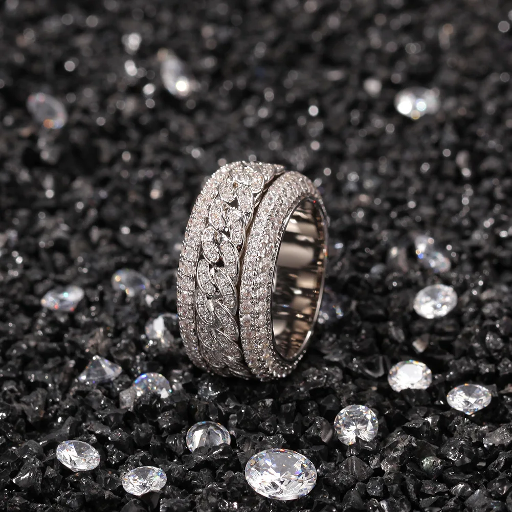 

11MM Big CZ Bling Bling Rotatable Iced Out Cubic Zircon Mirco Pave Prong Setting Brass Rings Fashion Hip Hop Jewelry BR006