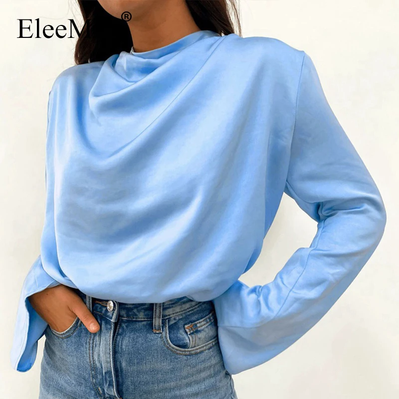 

EleeMee Women Blouses Satin Solid Color Flare Sleeve Loose Padded Shoulder Soft Female Shirt Daily Elegant Tops Size S-L