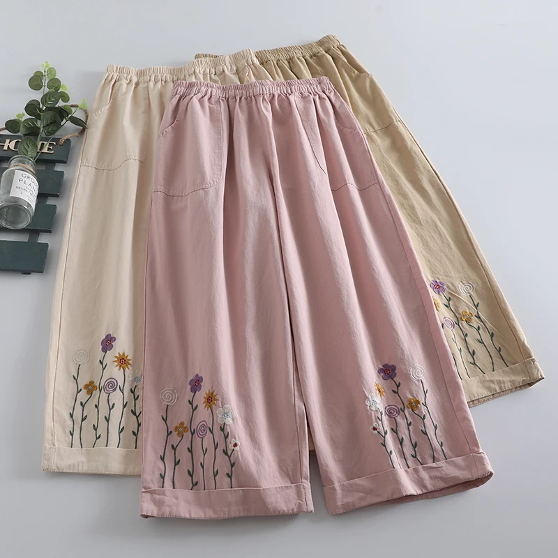 

Летние новые милые вышитые широкие брюки для женщин с эластичной резинкой на талии длиной до щиколотки 823-357