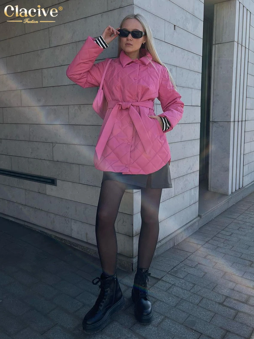 Clacive Winter Coat For Women Fashion Warm Single Breasting Long Sleeve Coats Elegant Loose Lace-Up Jacket Female Clothing 2023