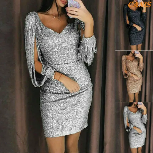 

2022 New Ladies Long Sleeve Beaded Dress Sequins Party Club Ladies Mini Dress Sexy V-neck Elegant