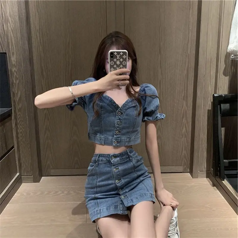 

Women's Jeans Skirt Two Piece Suit Summer Cropped Jacket High Waist Mini Skirts Sets Korean Fashion Casual Denim Clothes Q571