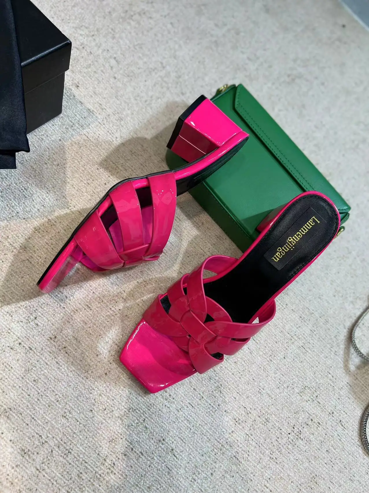 Fashion square head high heel full leather slippers, cowhide upper, sheepskin lining, comfortable women's shoes, summer sandals